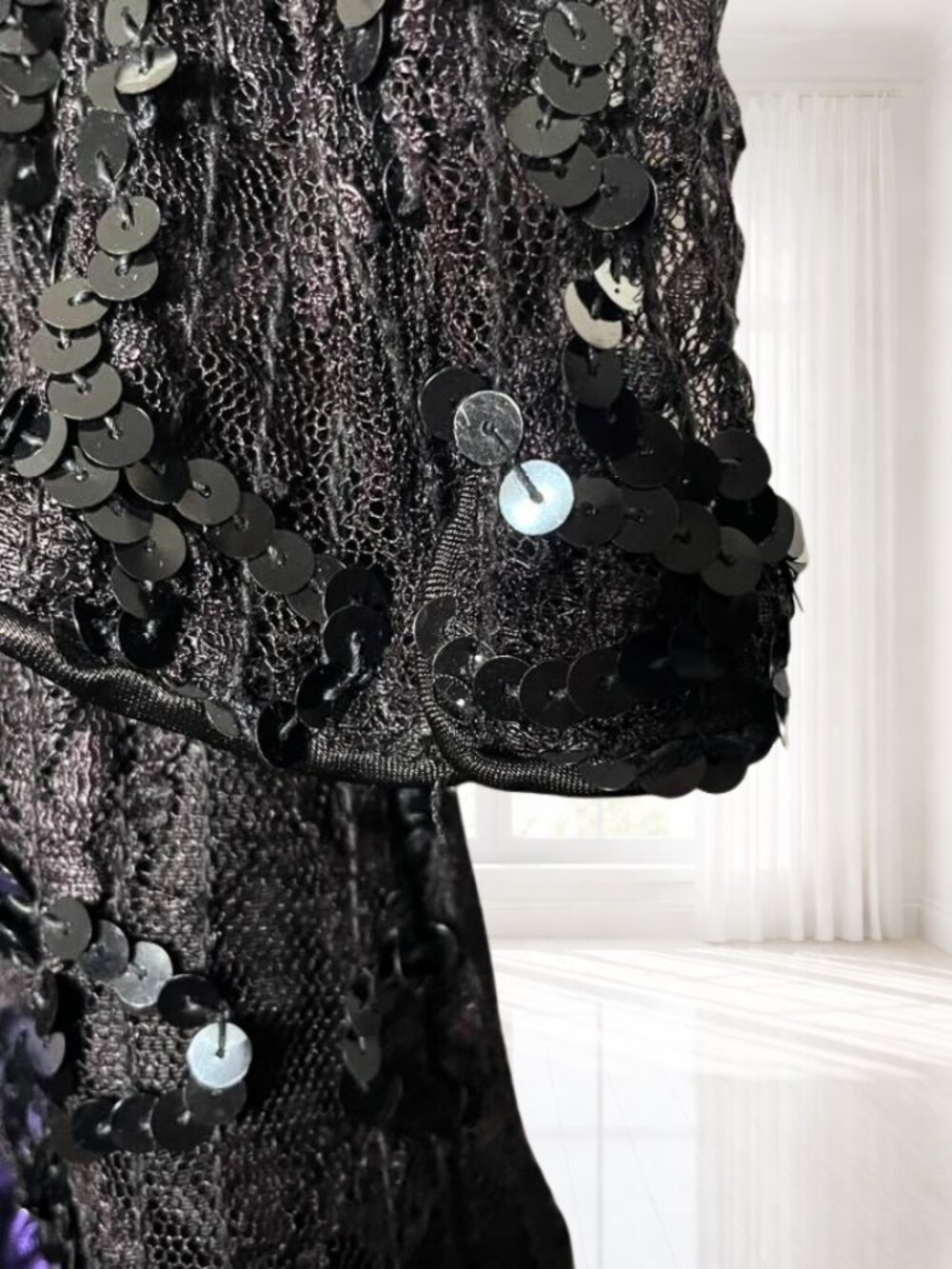 Vintage 80s Neiman Marcus After Five Sequin Lace Dress Ruffle Satin Flower Party - Picture 7 of 14